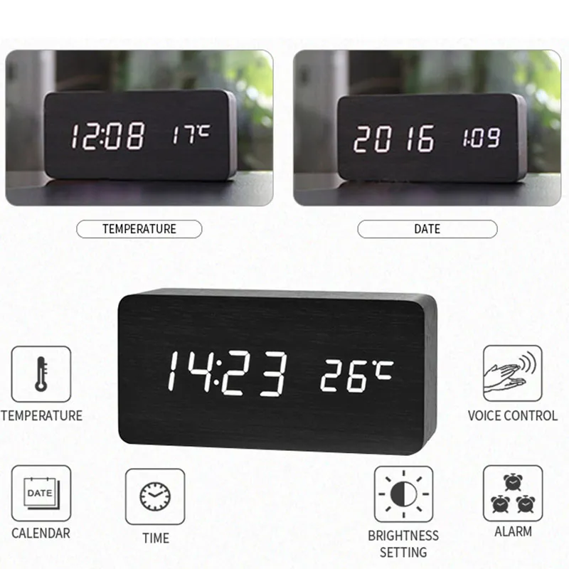 Wooden Digital Alarm Clock, LED Alarm Clock with Temperature Desk Clocks for Office,Bedside Clock 4
