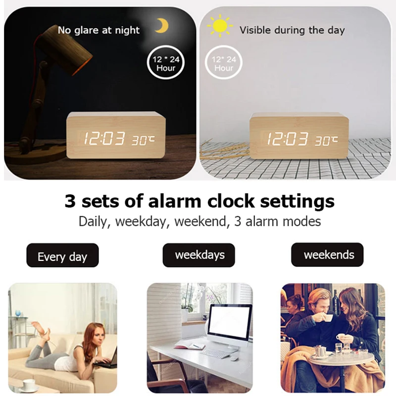 Wooden Digital Alarm Clock, LED Alarm Clock with Temperature Desk Clocks for Office,Bedside Clock 1