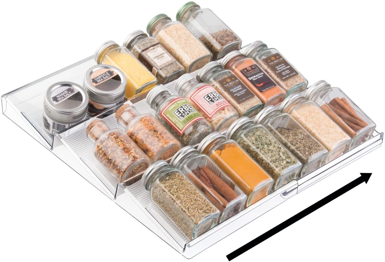 mDesign Pull Out 3-Tier Spice Organiser for Stress-Free Kitchen Clutter Control - Transparent Storage for Spice Jars and Packets 4
