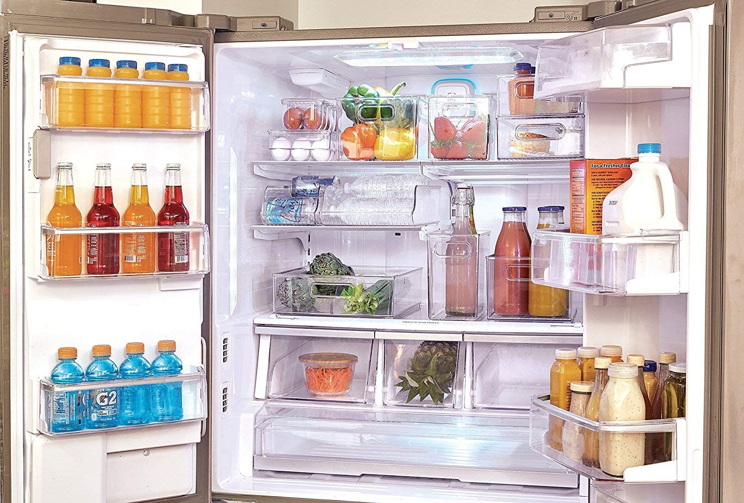 BPA-Free Plastic Refrigerator and Freezer Storage Organizer Bin with Water Bottle and Drink Holder for Kitchen, Basement, Garage Fridge, Clear 6