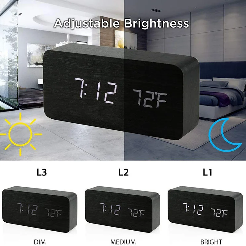 Wooden Digital Alarm Clock, LED Alarm Clock with Temperature Desk Clocks for Office,Bedside Clock 3