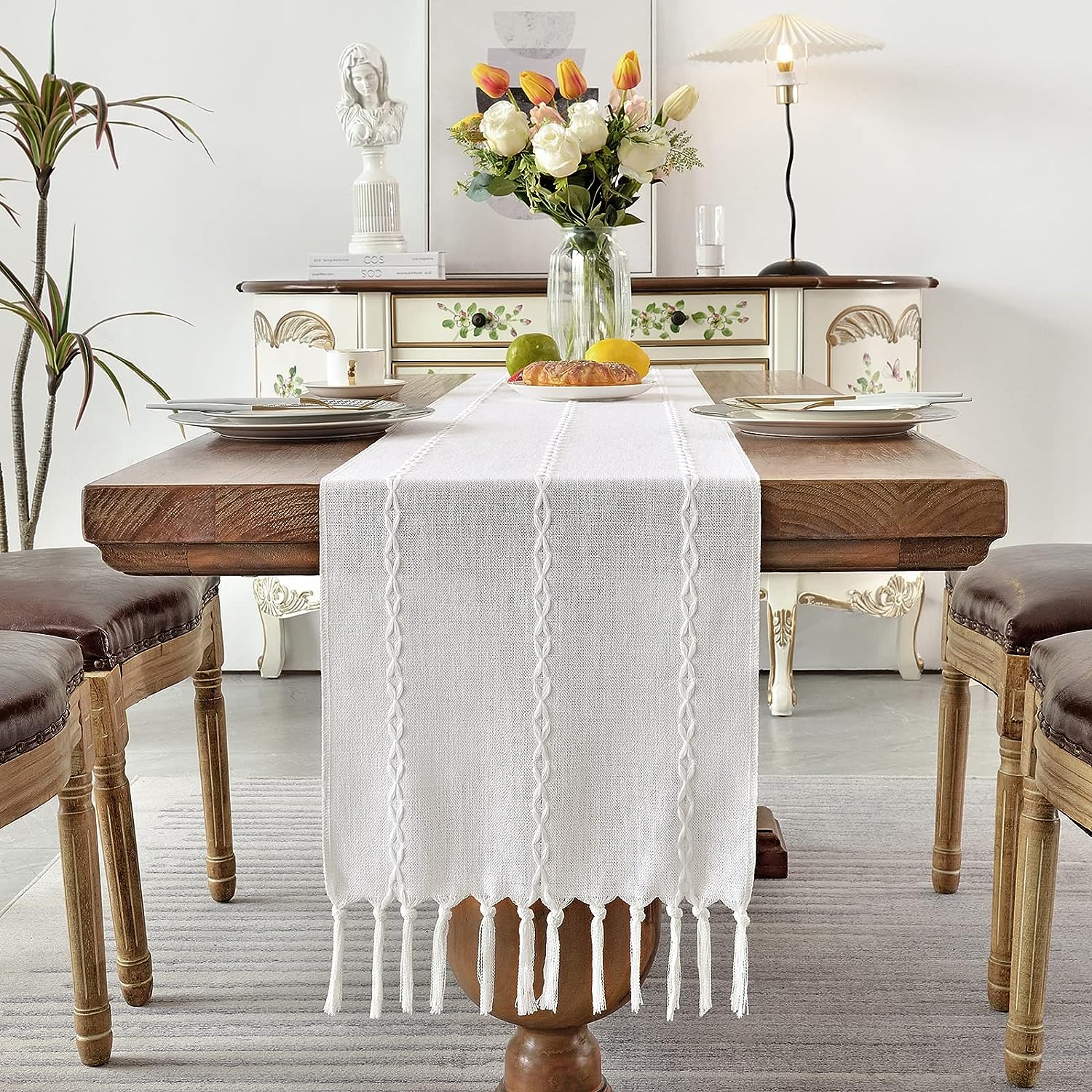 Wracra Cotton Linen Table Runner Farmhouse Style White Table Runner 180cm with Hand-tassels for Party, Dining Room Decorations Dessert Table Decor(White, 180cm) 5