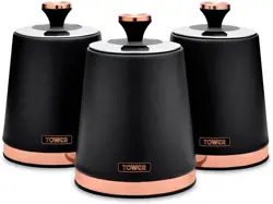 Tower T826131BLK Cavaletto Set of 3 Storage Canisters for Tea/ Coffee/ Sugar, Steel, Black and Rose Gold