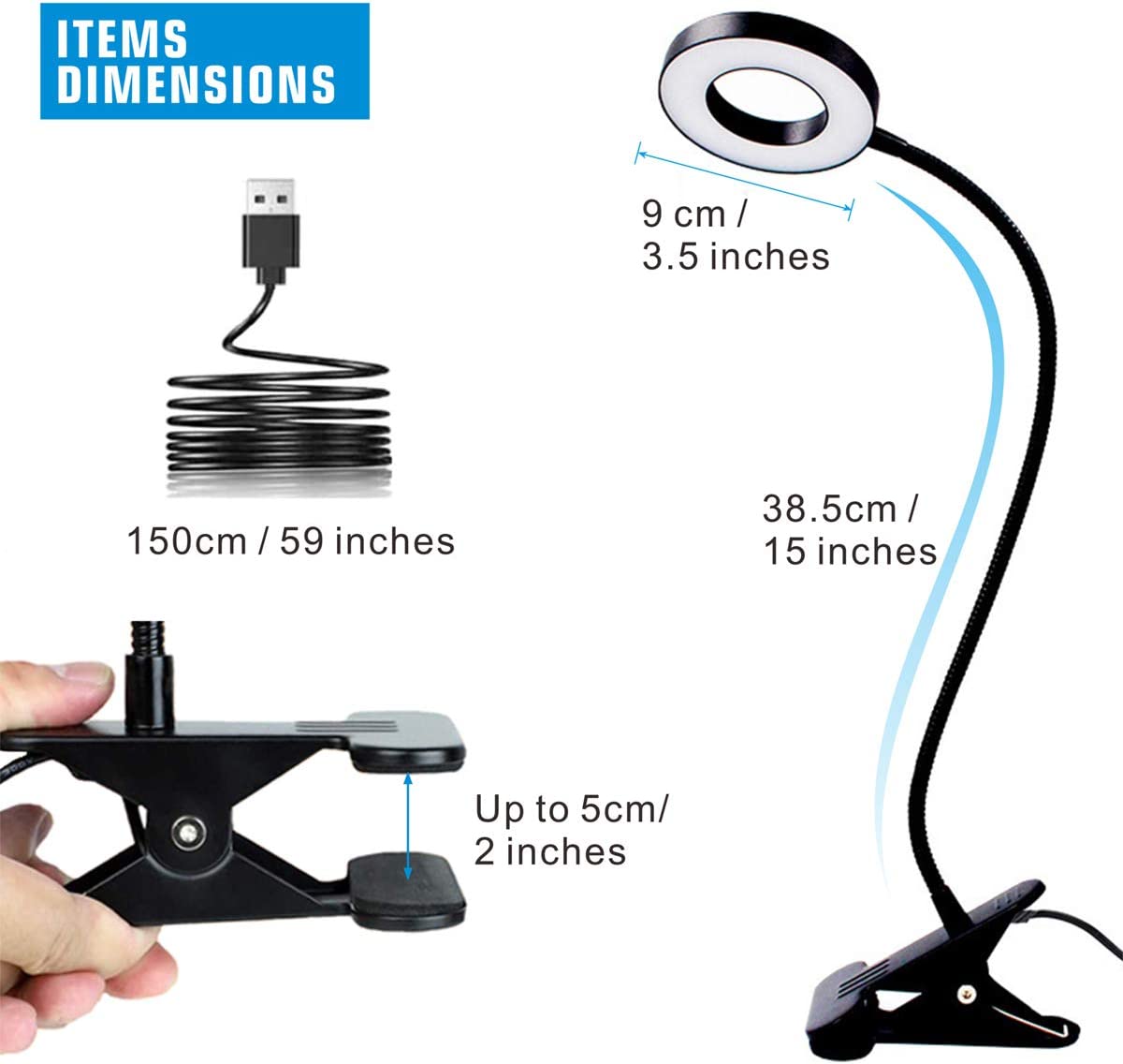 KNAMKY USB [Energy Class A++] LED Clip Lamp, 3 Light Mode, 10 Dimmable Brightness, Eye Caring Desk/Book Light for Reading, Studying, Working, and Video Conferencing (Black) 5