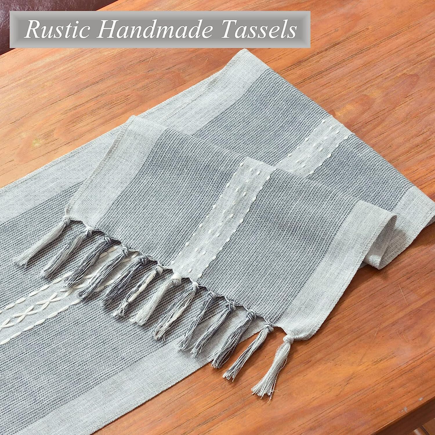 Wracra Embroidery Cotton Linen Table Runner Indoor Outdoor Farmhouse Style Grey Table Runner 180cm with Hand-tassels for Party Dining Kitchen Decorations(Grey, 180cm) 3