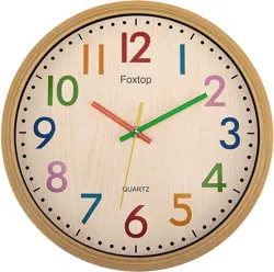 Foxtop Silent Wall Clock 12 Inch Kids Non-Ticking Battery Operated Decorative Clock for Children Living Room Bedroom Nursery Classroom School Kitchen Easy to Read (Large Colorful Numbers)