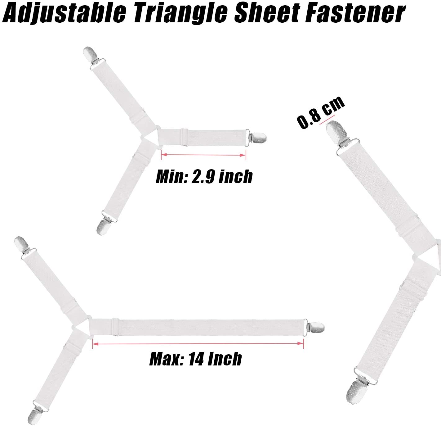 4Pcs White Triangle Bed Sheet Straps and Comforter Clips, 3-Way Adjustable  Mattress
