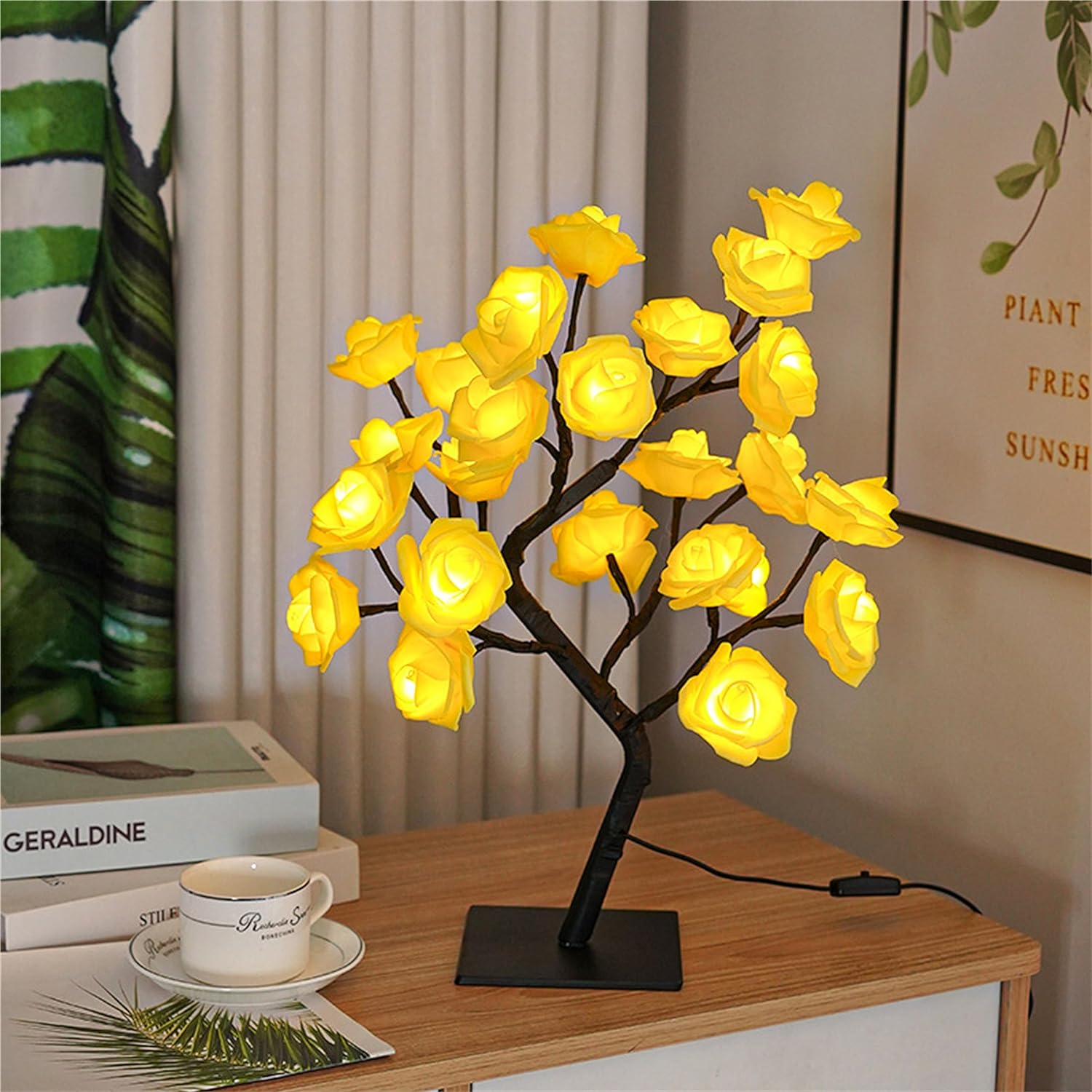 XVICO LED Desk Lamps LED Rose Tree Lamp Artificial Bonsai Tree Night Light Centerpiece Fairy Light for Home Bedroom Valentines Day Easter Wedding Party Decor LED Desk Light (Yellow) 1