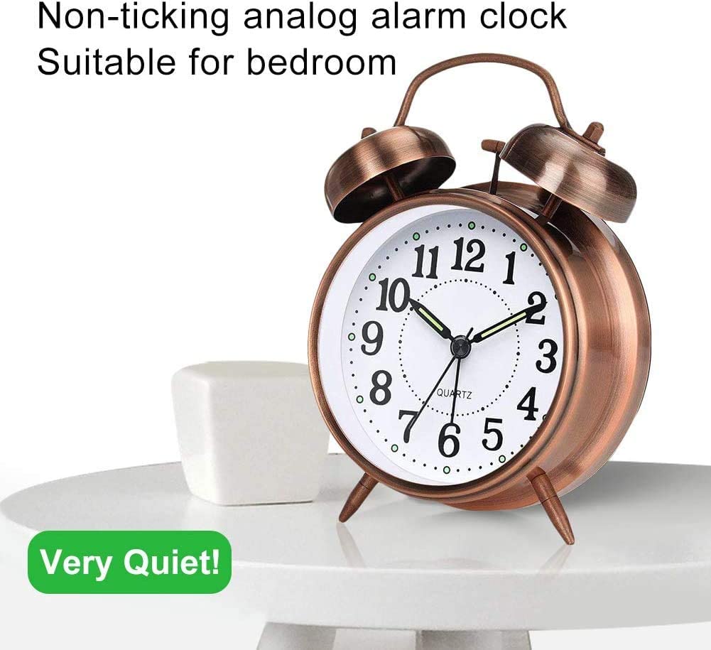 Retro Brown Analogue Quartz Alarm Clock - Old-Fashioned Bedside Twin Bell Non-Ticking Loud Battery-Operated w/Night Light for Bedroom 5