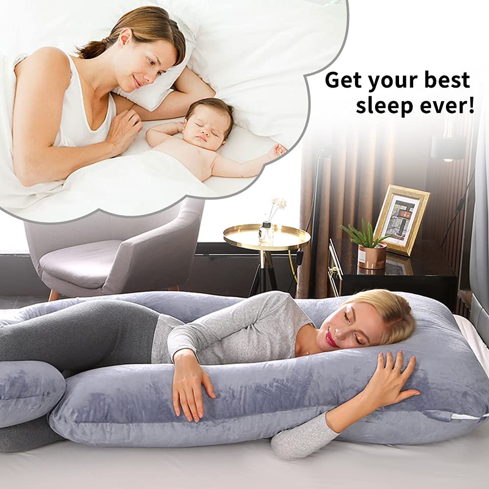 Wendys Dream J-Shaped Full Body Pregnancy Pillow with Removable Grey Velvet Cover and Washable Pillowcase for Sleeping Comfortably 4