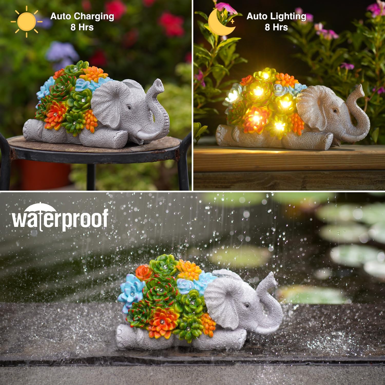 Elephant Statue Solar Garden Ornaments Outdoor Decor Waterproof Resin Elephant Figurines with Succulent 6 LED Solar Lights decoration for Home Yard Patio Lawn Elephant gifts for Women/Mum/Christmas 4