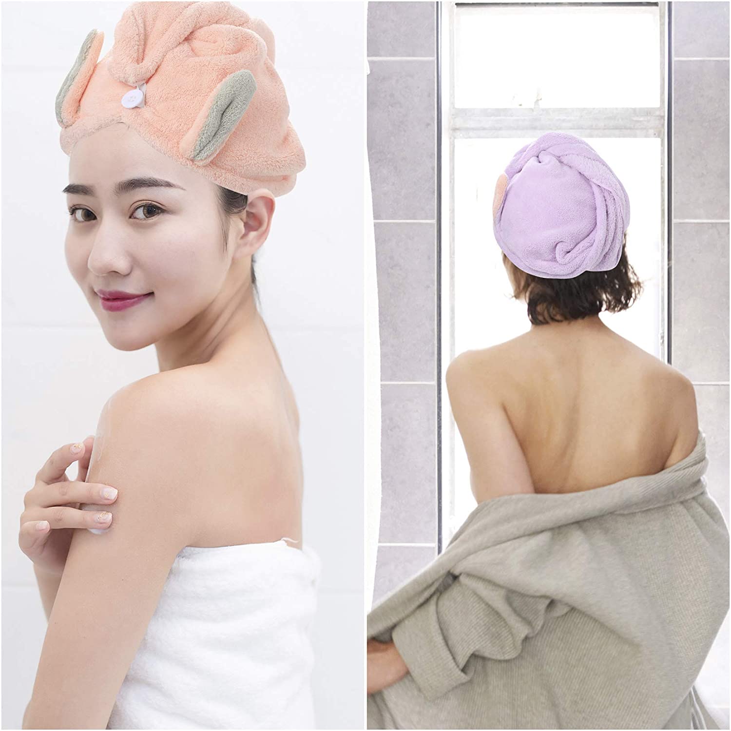 Yibaijia Microfiber Hair Towel Wrap Turban Set for Kids, Women - Wet, Long, Thick Hair (2 Pack, Pink & Purple) 7