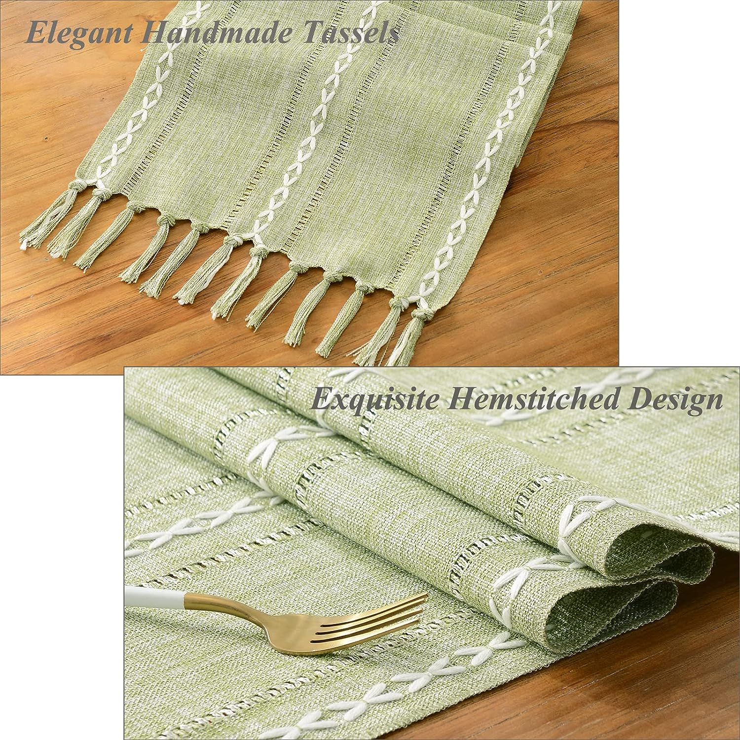 Wracra Hemstitch Cotton Linen Table Runner Farmhouse Style Sage Green Table Runner 180cm Long with Hand-tassels for Dining Kitchen Party and Dessert Table Decor(Sage Green, 180cm) 1