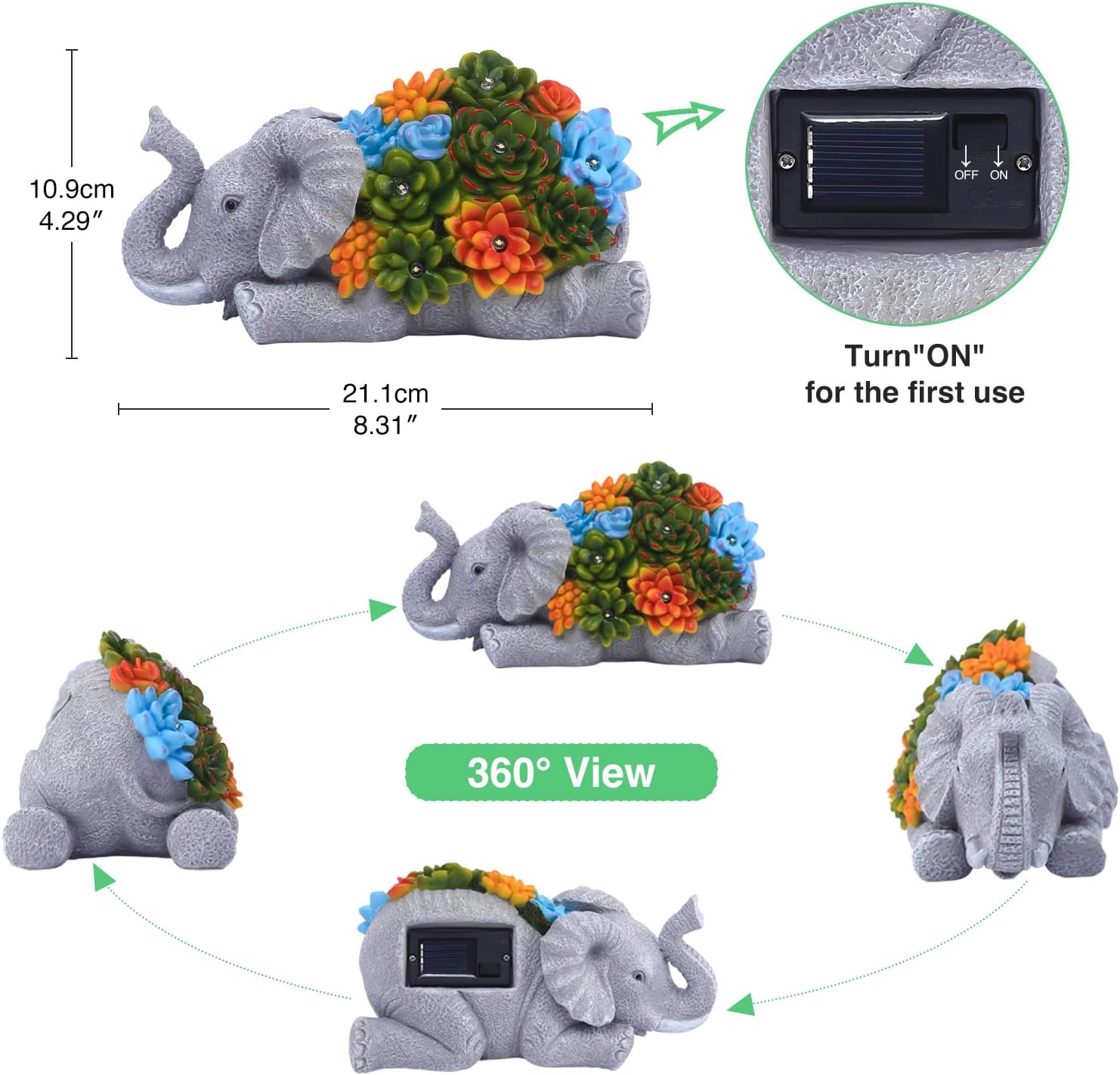 Elephant Statue Solar Garden Ornaments Outdoor Decor Waterproof Resin Elephant Figurines with Succulent 6 LED Solar Lights decoration for Home Yard Patio Lawn Elephant gifts for Women/Mum/Christmas 1