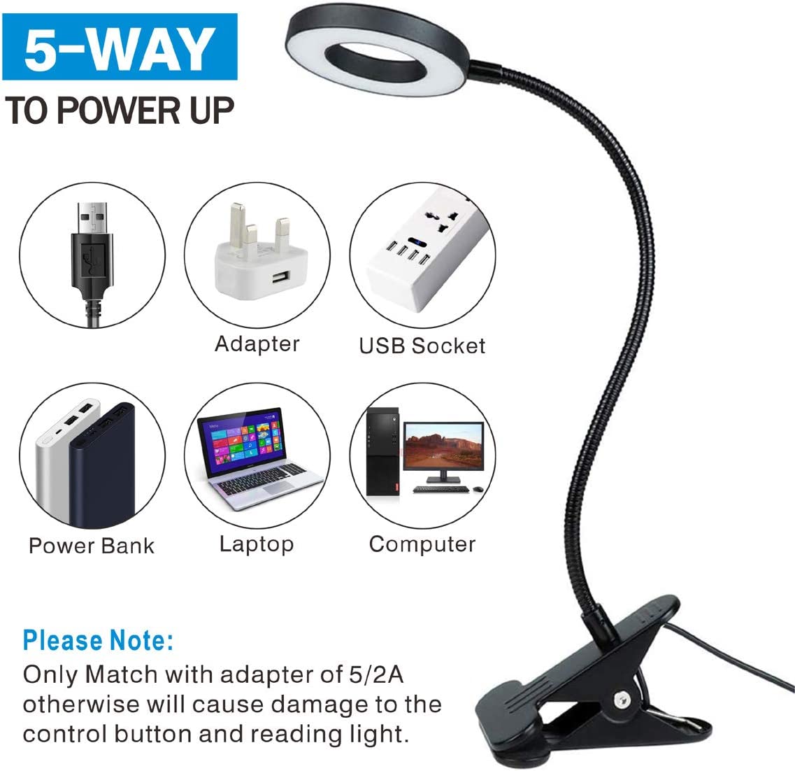 KNAMKY USB [Energy Class A++] LED Clip Lamp, 3 Light Mode, 10 Dimmable Brightness, Eye Caring Desk/Book Light for Reading, Studying, Working, and Video Conferencing (Black) 6