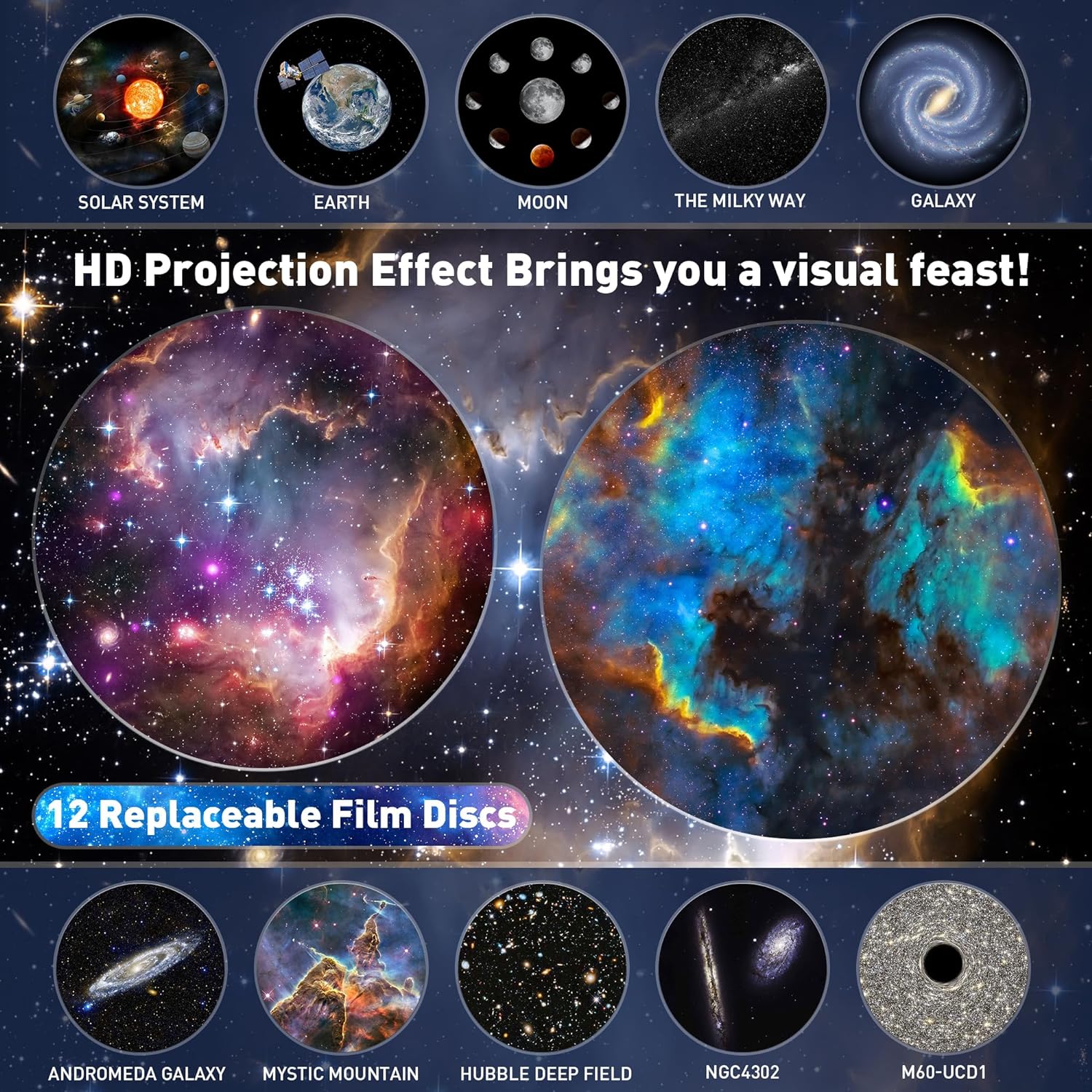 Planetarium Star Projector, Mexllex Realistic Galaxy Light Projector with 12 Planet Discs, Starry Sky Night Light Projector Lamp, Moon Night Light for Kids Adults Ceiling Bedroom Living Room, Party [Energy Class A+] 1