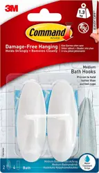 Command Bath Designer Hooks, White, Water-Resistant - 2 Medium Hooks with 4 Adhesive Strips