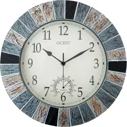 OCEST 13 Inch Garden Clocks, Large Outdoor Waterproof Indoor Retro Wall Clock Battery Operated Non Ticking Decorative Clocks with Thermometer for Kitchen Living Room