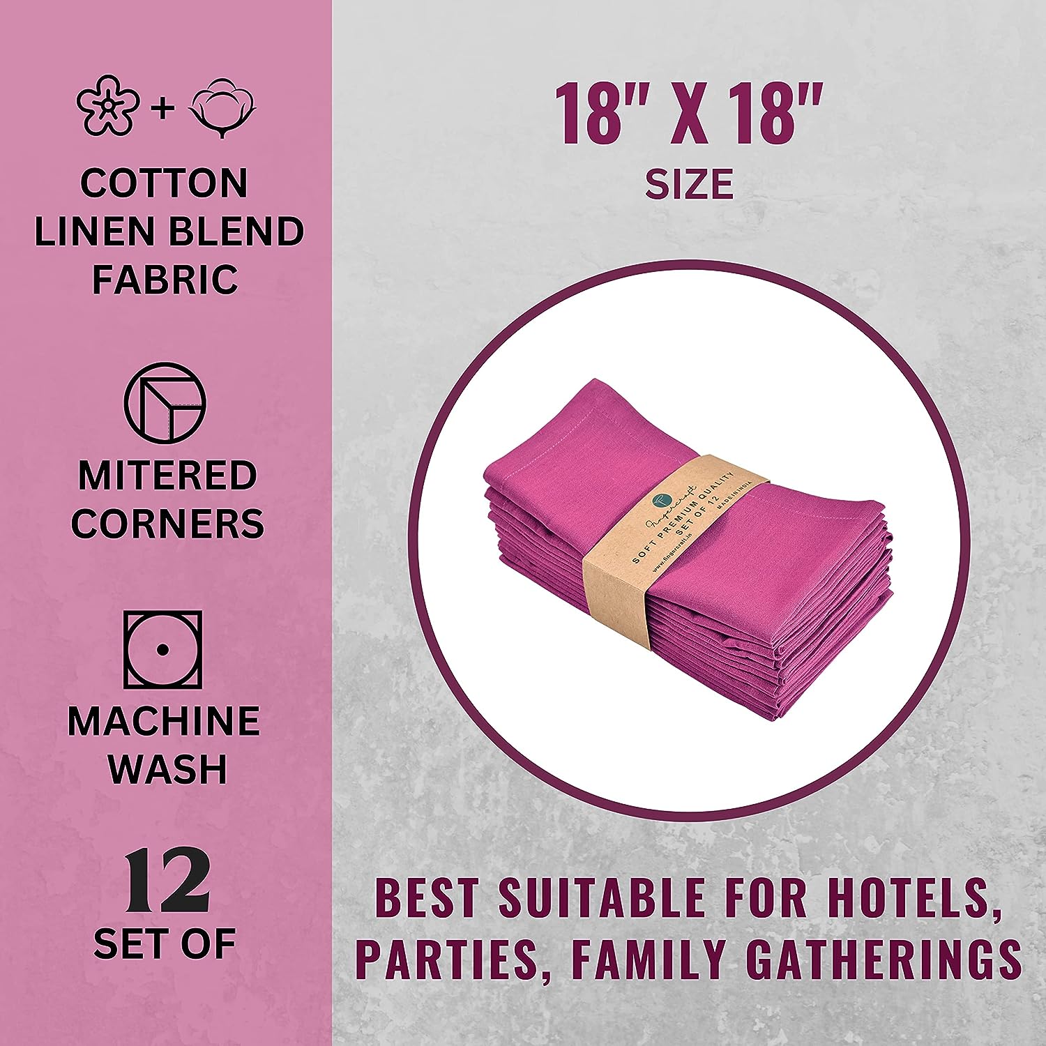 FINGERCRAFT Dinner Cloth Napkins, Cotton Linen Blend Fabric 12 Pack Easter Special, Premium Quality, Mitered Corners for Every Day Use Napkins are Pre Shrunk and Good Absorbency Magenta 4