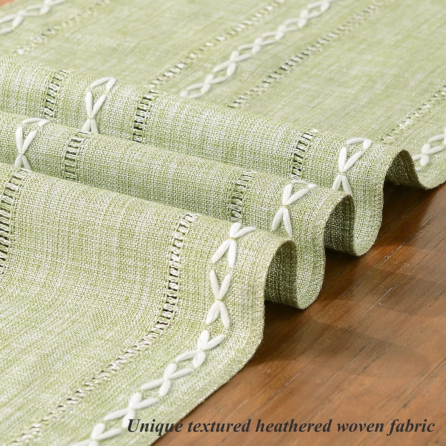 Wracra Hemstitch Cotton Linen Table Runner Farmhouse Style Sage Green Table Runner 180cm Long with Hand-tassels for Dining Kitchen Party and Dessert Table Decor(Sage Green, 180cm) 3