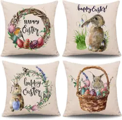 Whaline 4 Pieces Easter Pillow Case Rabbit Bunnies with Eggs Pillow Cover, Spring Seasons Cotton Linen Sofa