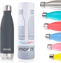 Moon Bottles - Carbon Neutral Stainless Steel Metal Water Bottle & Vacuum Flask - 24 Hrs Cold & 12 Hot - Insulated Drinks Bottles, Double Walled Reusable Drink Flasks, Leakproof (500ml, Matte Black)
