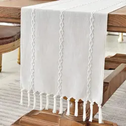 Wracra Cotton Linen Table Runner Farmhouse Style White Table Runner 180cm with Hand-tassels for Party, Dining Room Decorations Dessert Table Decor(White, 180cm)