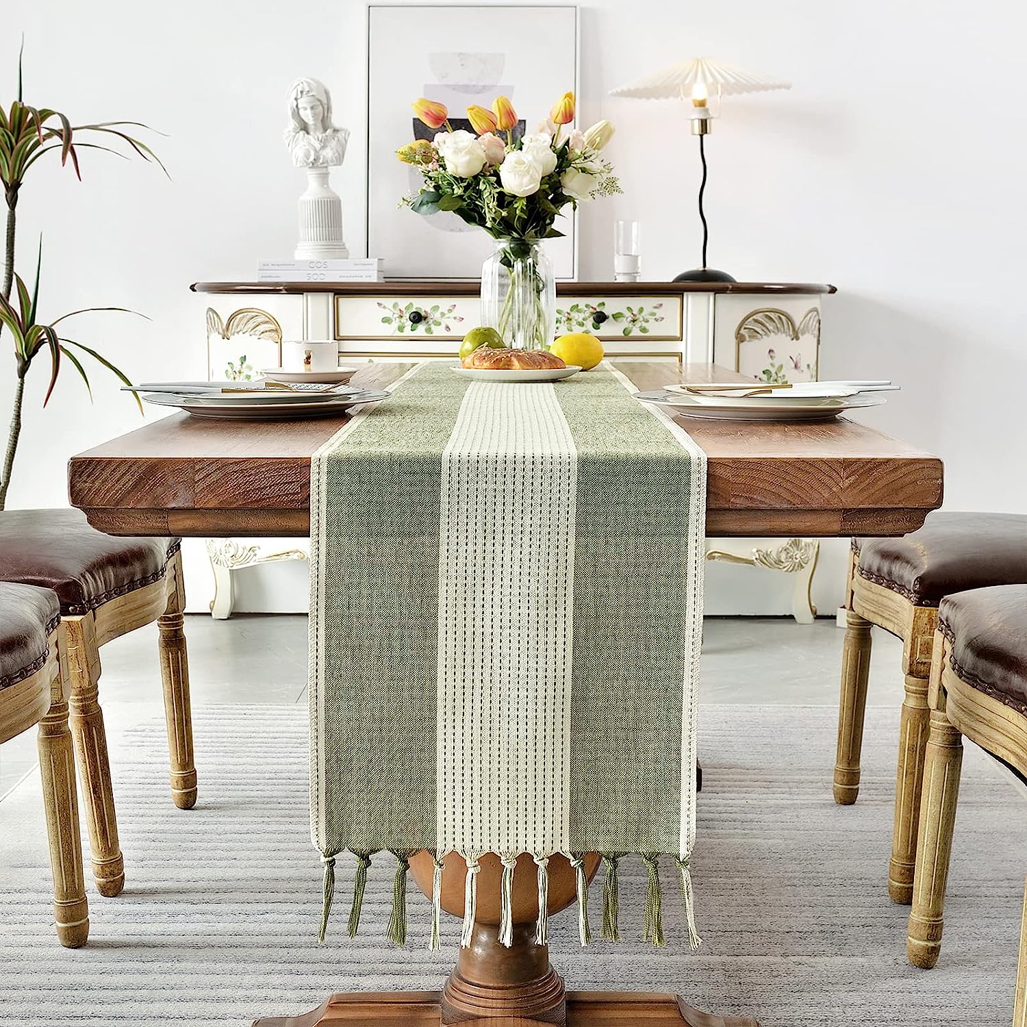 Wracra Cotton Linen Sage Green Table Runner 180cm Long with Hand-tassels, Macrame Table Runner for Holiday Parties and Everyday Use(Sage Green, 180cm) 4