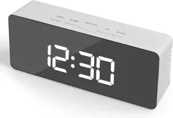 LLQQ KD2001 Digital Alarm Clock with Adjustable Brightness Mirror Surface LED Large Display, USB & Battery Powered, White, 14x5x3cm