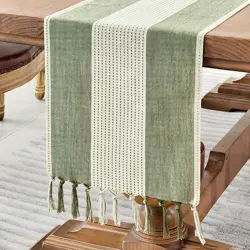 Wracra Cotton Linen Sage Green Table Runner 180cm Long with Hand-tassels, Macrame Table Runner for Holiday Parties and Everyday Use(Sage Green, 180cm)