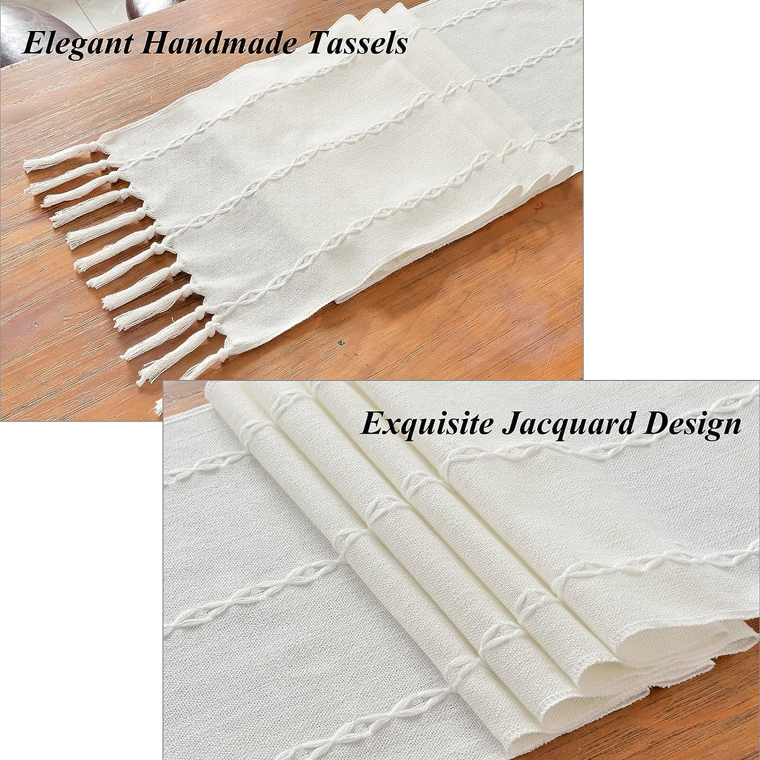Wracra Cotton Linen Table Runner Farmhouse Style White Table Runner 180cm with Hand-tassels for Party, Dining Room Decorations Dessert Table Decor(White, 180cm) 2
