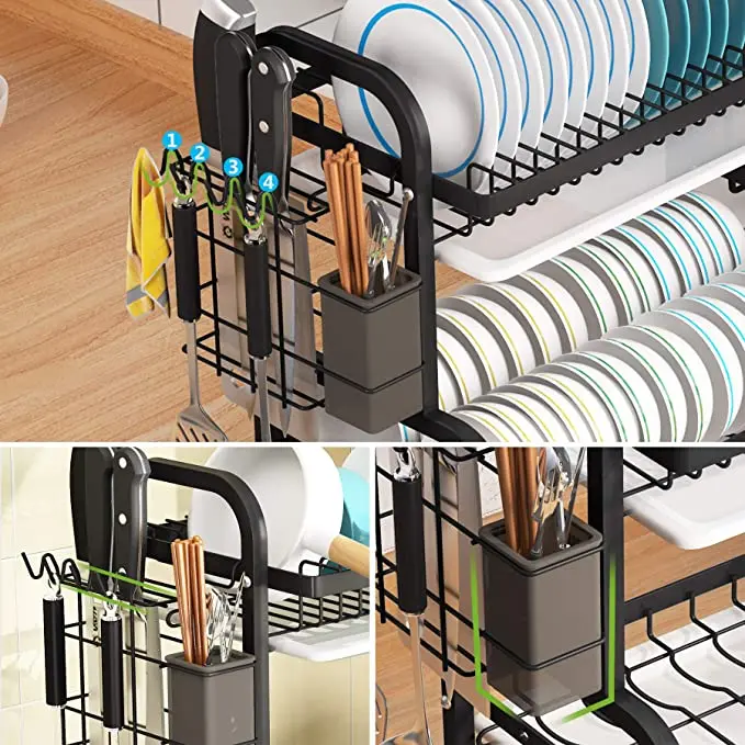 Dish Drying Rack 2-Tier Compact Kitchen Dish Rack Drainboard Set 4