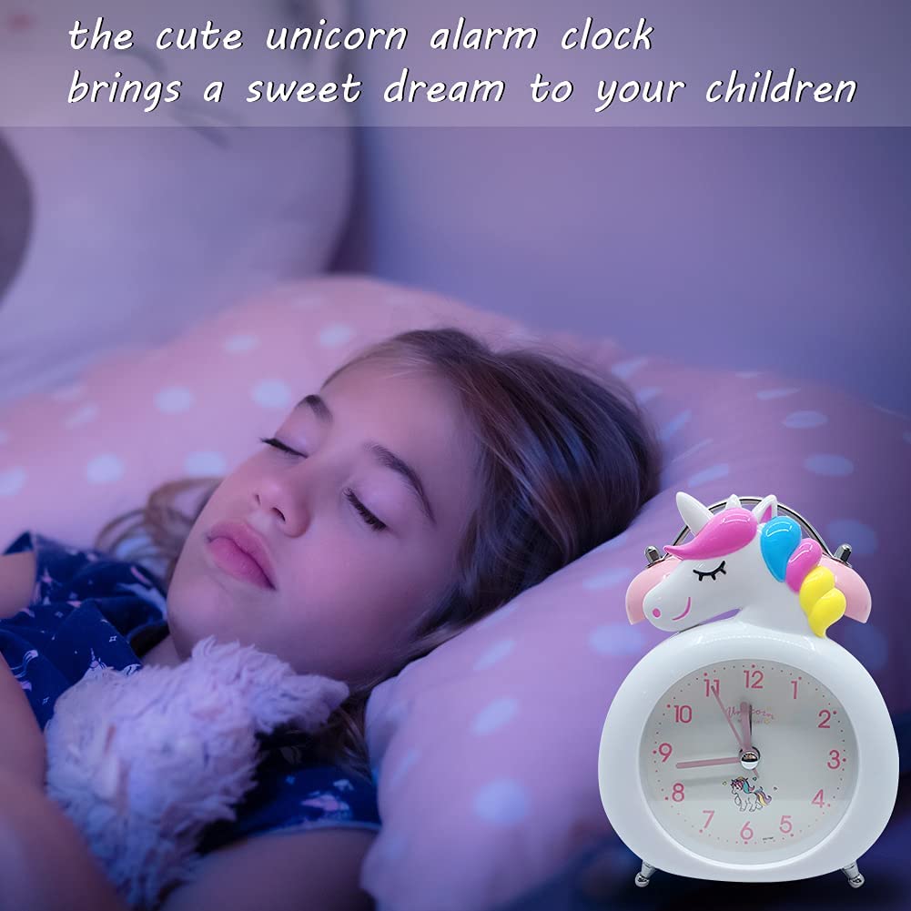 Retro Unicorn Alarm Clock for Girls, Twin Bell Loud Silent Non-Ticking Bedside Clock with Night Light, Battery Operated (White) 4