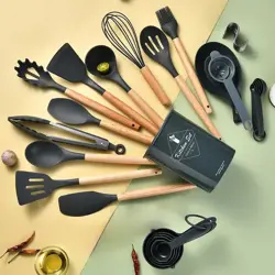 Silicone Utensils Set Black Non-Stick Cookware Wooden Handle (34 items)