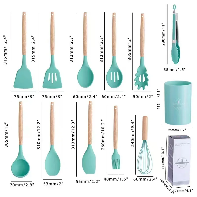 Silicone Cooking Utensils Set Wooden Handle Kitchen Cooking Tool 1