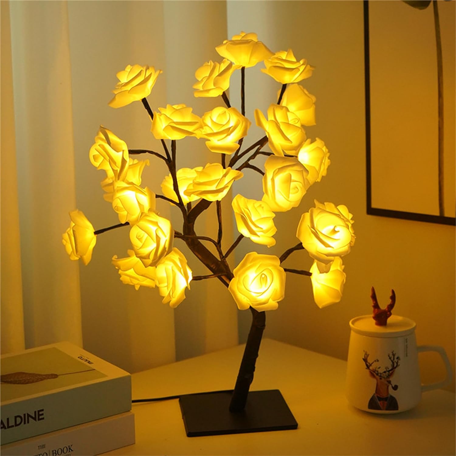 XVICO LED Desk Lamps LED Rose Tree Lamp Artificial Bonsai Tree Night Light Centerpiece Fairy Light for Home Bedroom Valentines Day Easter Wedding Party Decor LED Desk Light (Yellow) 3
