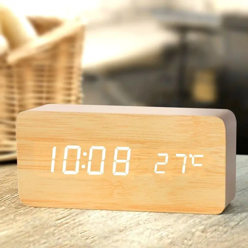 Wooden Digital Alarm Clock, LED Alarm Clock with Temperature Desk Clocks for Office,Bedside Clock 5