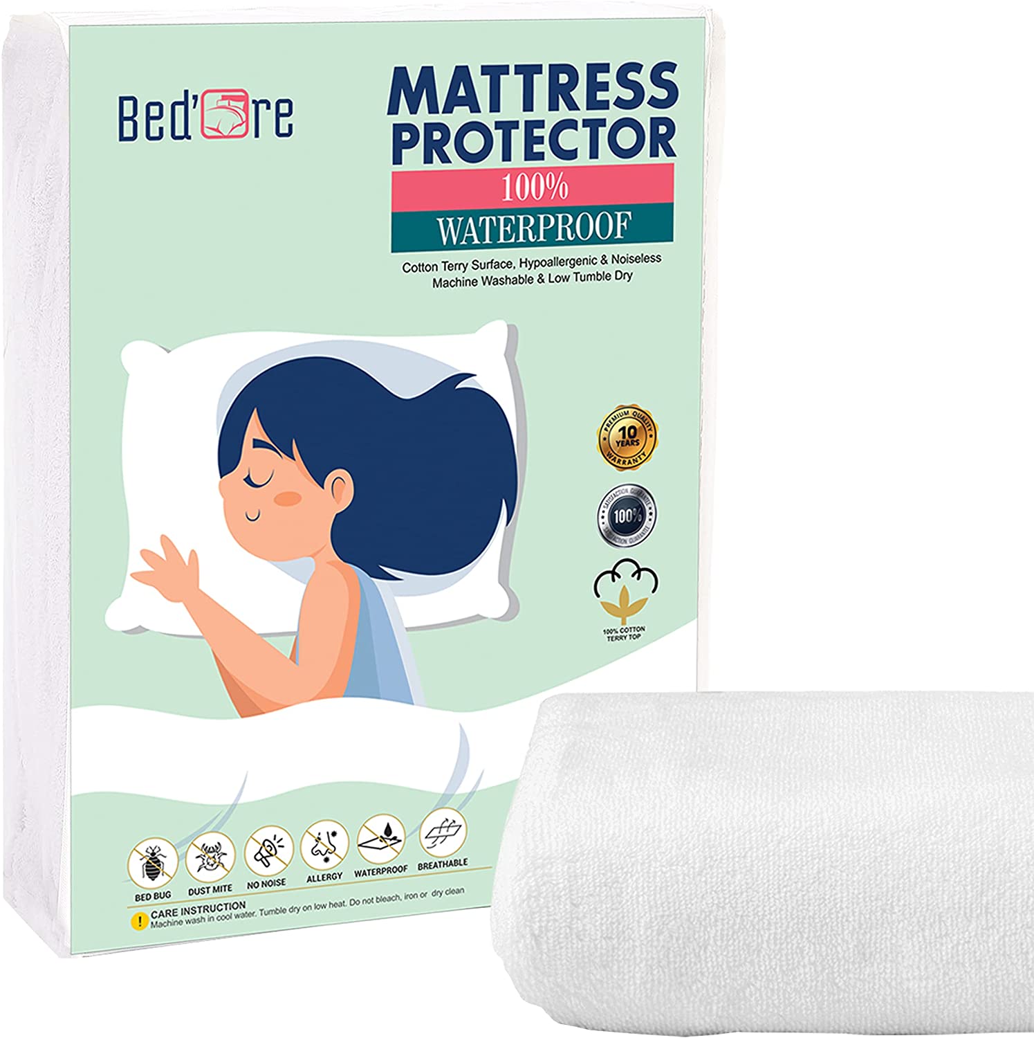 BedOre 100% Cotton Terry Top Double-Size Waterproof Fitted Mattress Cover with 30 CM Stretch Skirt - Machine Washable - 137x190+30 cm 2
