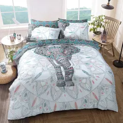 Sleepdown Elephant Mandala Teal Bed Quilt Reversible Duvet Cover Set with Easy Care, Anti-Allergic Soft & Smooth Fabric, and Pillow Cases (Double)