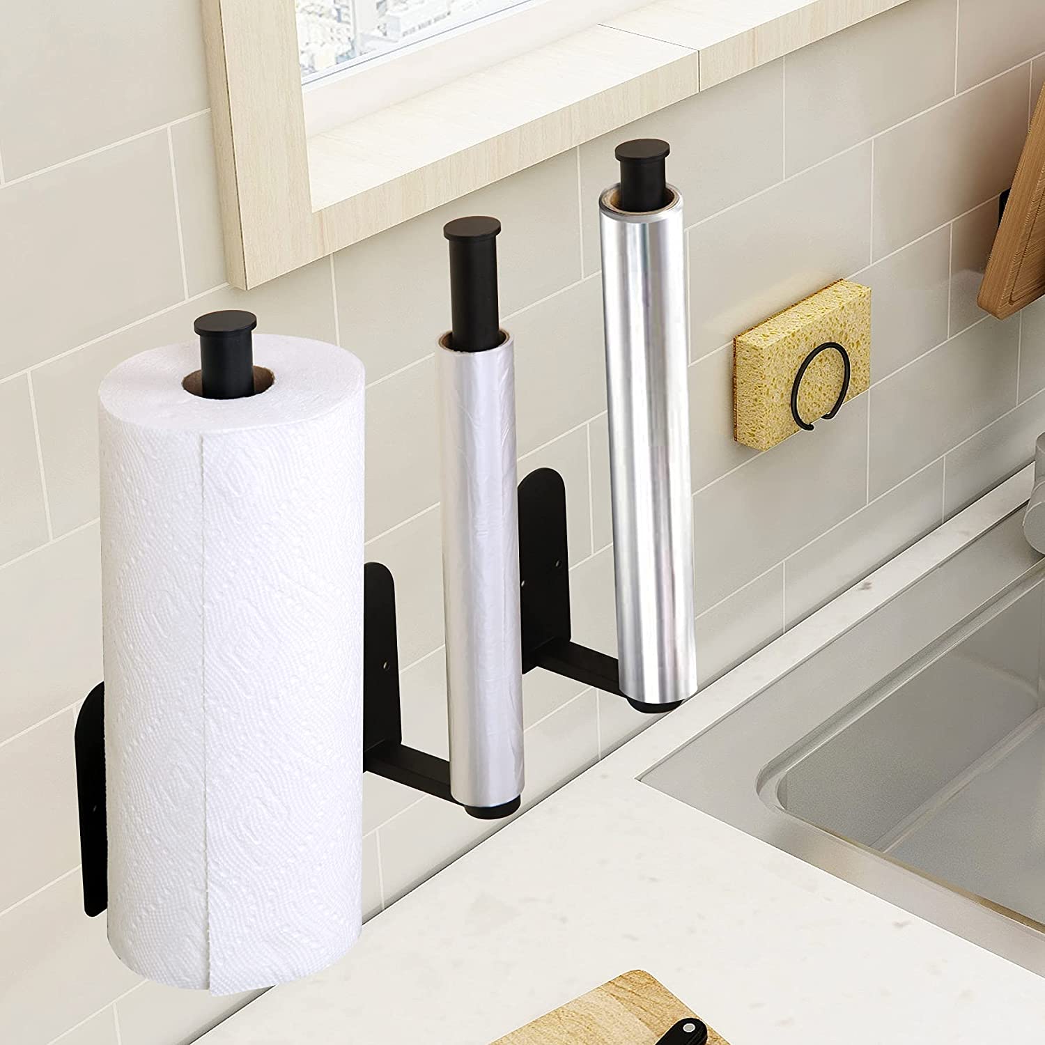 OBODING Black Wall Mount Self Adhesive Paper Towel Holder, 12inch Kitchen Towel Holder for Under Cabinet Organization and Storage (1 Pack) 5