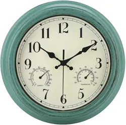 5566 12 Inch Retro Indoor/Outdoor Waterproof Wall Clock with Thermometer and Hygrometer Combo, Silent Non Ticking Quartz Battery Operated Clock Wall Decorative, Green
