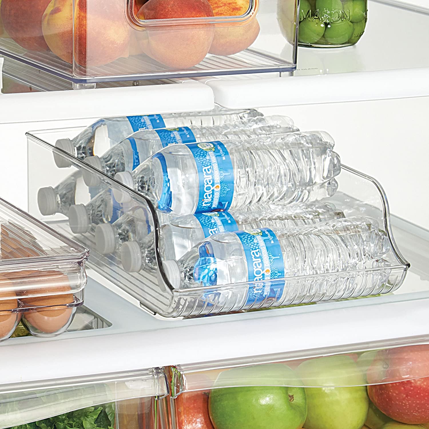 BPA-Free Plastic Refrigerator and Freezer Storage Organizer Bin with Water Bottle and Drink Holder for Kitchen, Basement, Garage Fridge, Clear 1