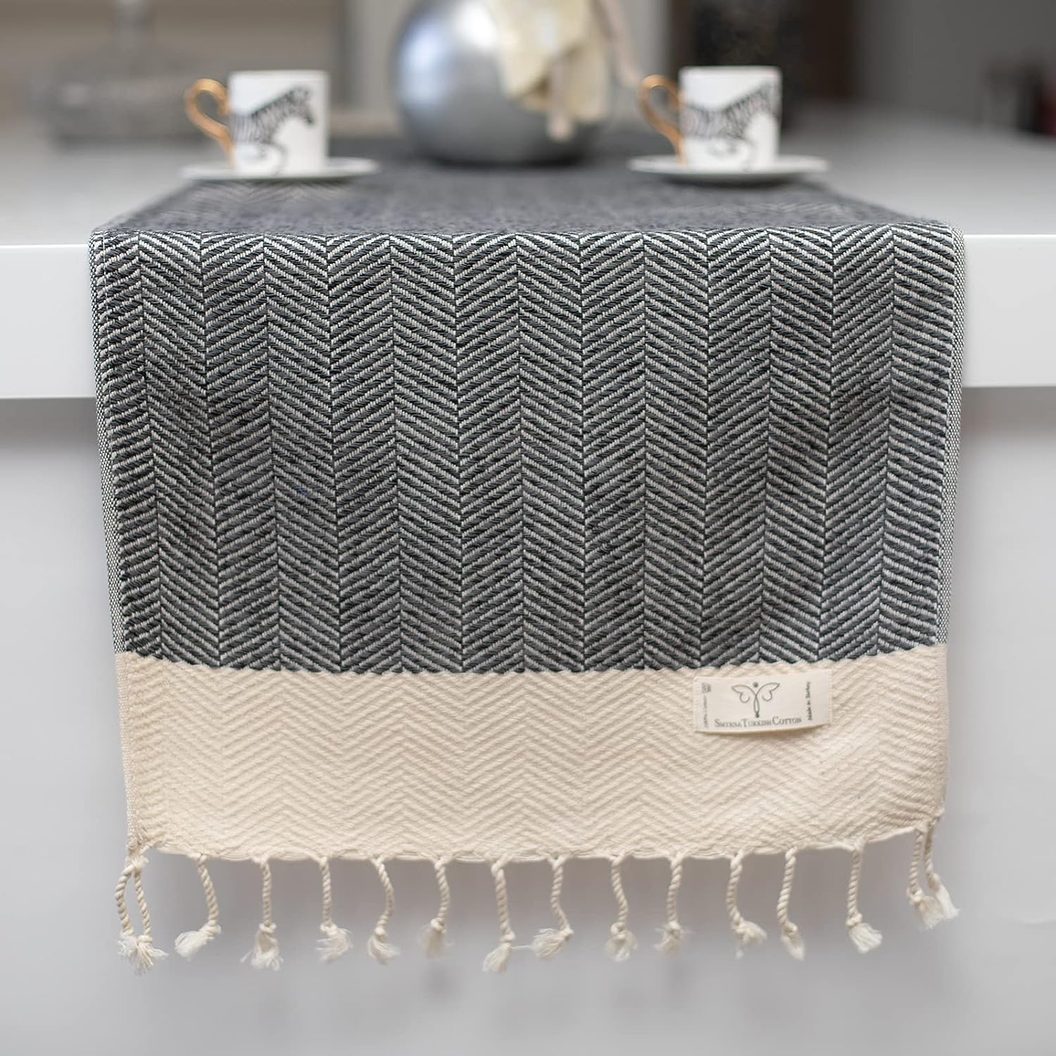 Smyrna Turkish Cotton Herringbone Series Table Runner 100% Cotton|Rectangular Table Cover & Protective Table Cloth|Made in Turkey|Doesn't Shrink| Premium Luxury (Dark Gray, 38 x 182 cm) 2