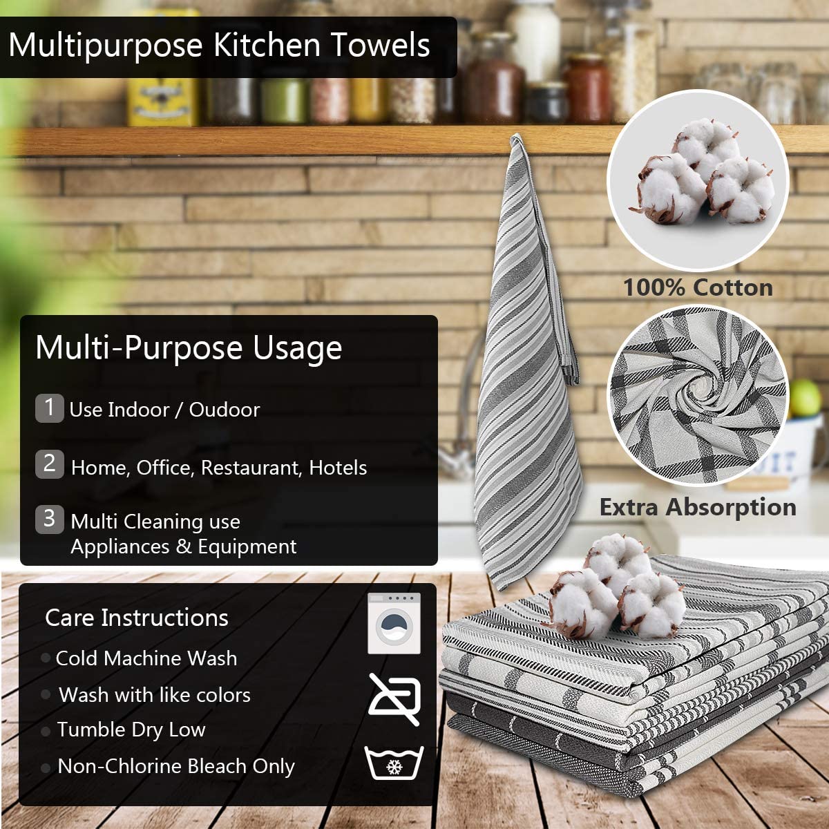 100% Cotton Kitchen Tea towels- Pack of 5 and Absorbent Tea Towels set, 70 x 50 cm Towels 3