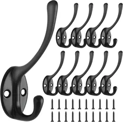 Bolatus 10-Piece Black Vintage/Antique Wall-Mounted Double Coat Hooks with 20 Screws - Heavy Duty for Bathroom, Bedroom, Fitting Room