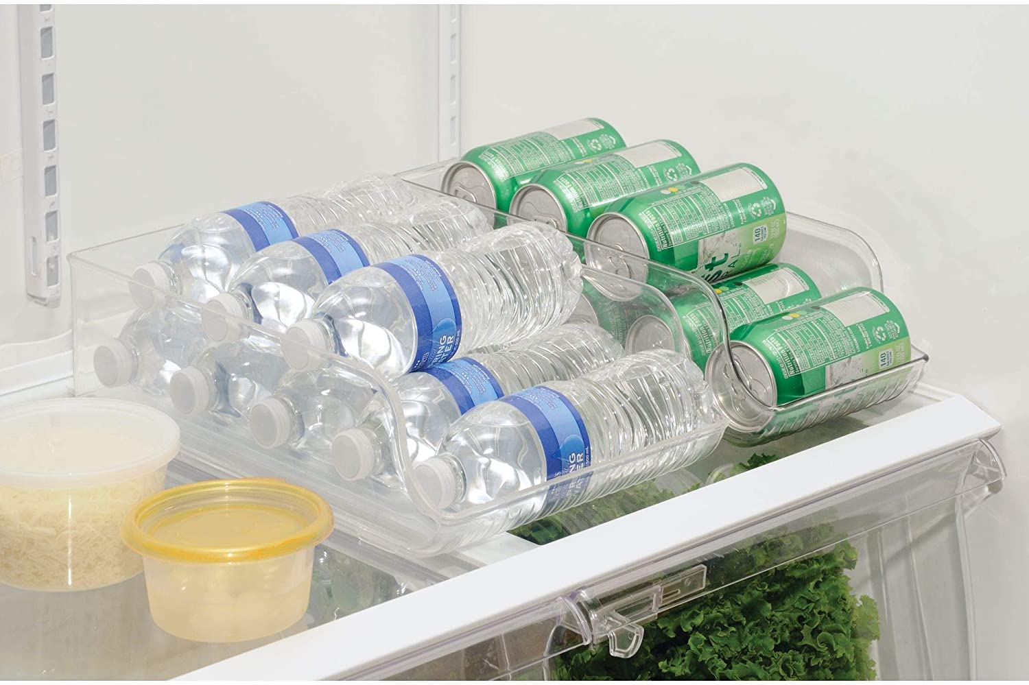 BPA-Free Plastic Refrigerator and Freezer Storage Organizer Bin with Water Bottle and Drink Holder for Kitchen, Basement, Garage Fridge, Clear 4