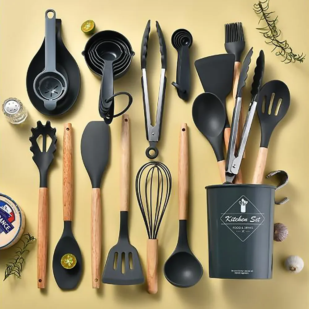 Silicone Utensils Set Black Non-Stick Cookware Wooden Handle (34 items) 3