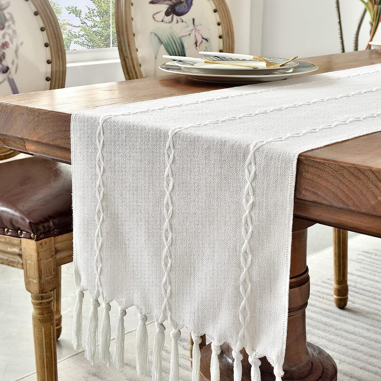 Wracra Cotton Linen Table Runner Farmhouse Style White Table Runner 180cm with Hand-tassels for Party, Dining Room Decorations Dessert Table Decor(White, 180cm) 7