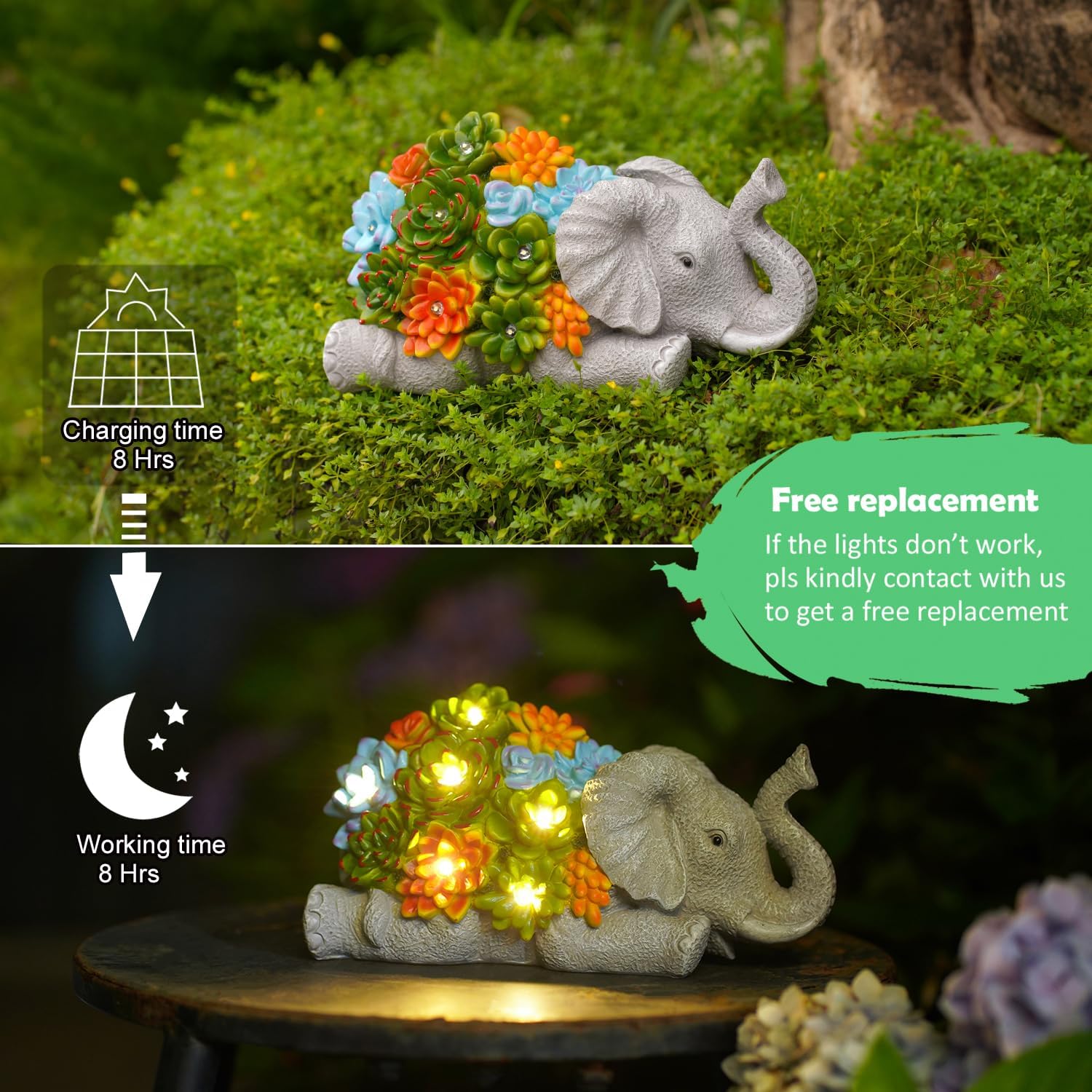Elephant Statue Solar Garden Ornaments Outdoor Decor Waterproof Resin Elephant Figurines with Succulent 6 LED Solar Lights decoration for Home Yard Patio Lawn Elephant gifts for Women/Mum/Christmas 3