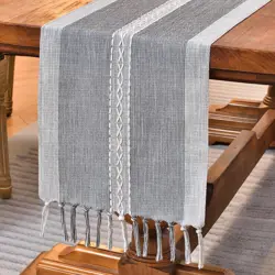 Wracra Embroidery Cotton Linen Table Runner Indoor Outdoor Farmhouse Style Grey Table Runner 180cm with Hand-tassels for Party Dining Kitchen Decorations(Grey, 180cm)